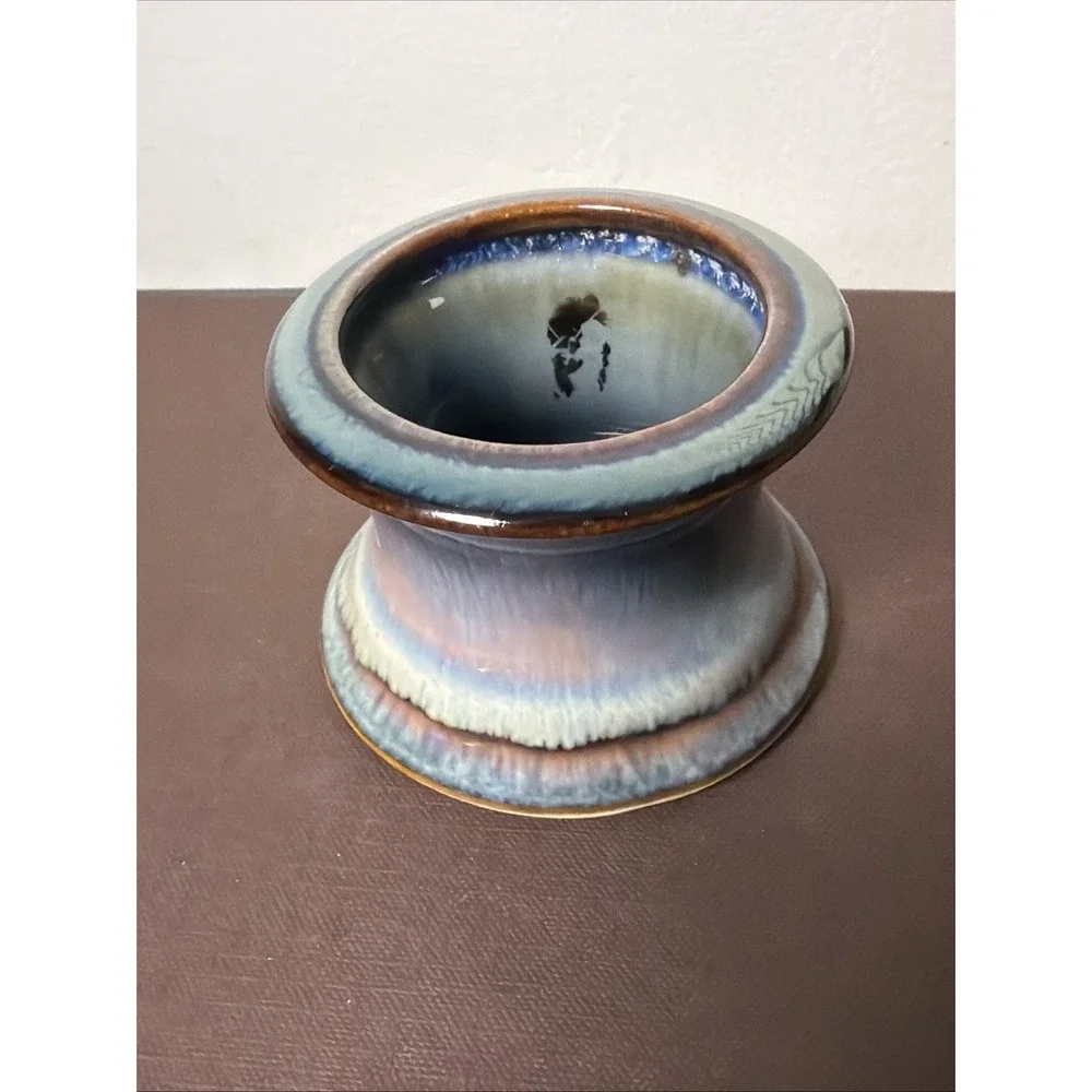 Bill Campbell Art Pottery Votive Candle Holder Blue Brown Drip Glaze Signed